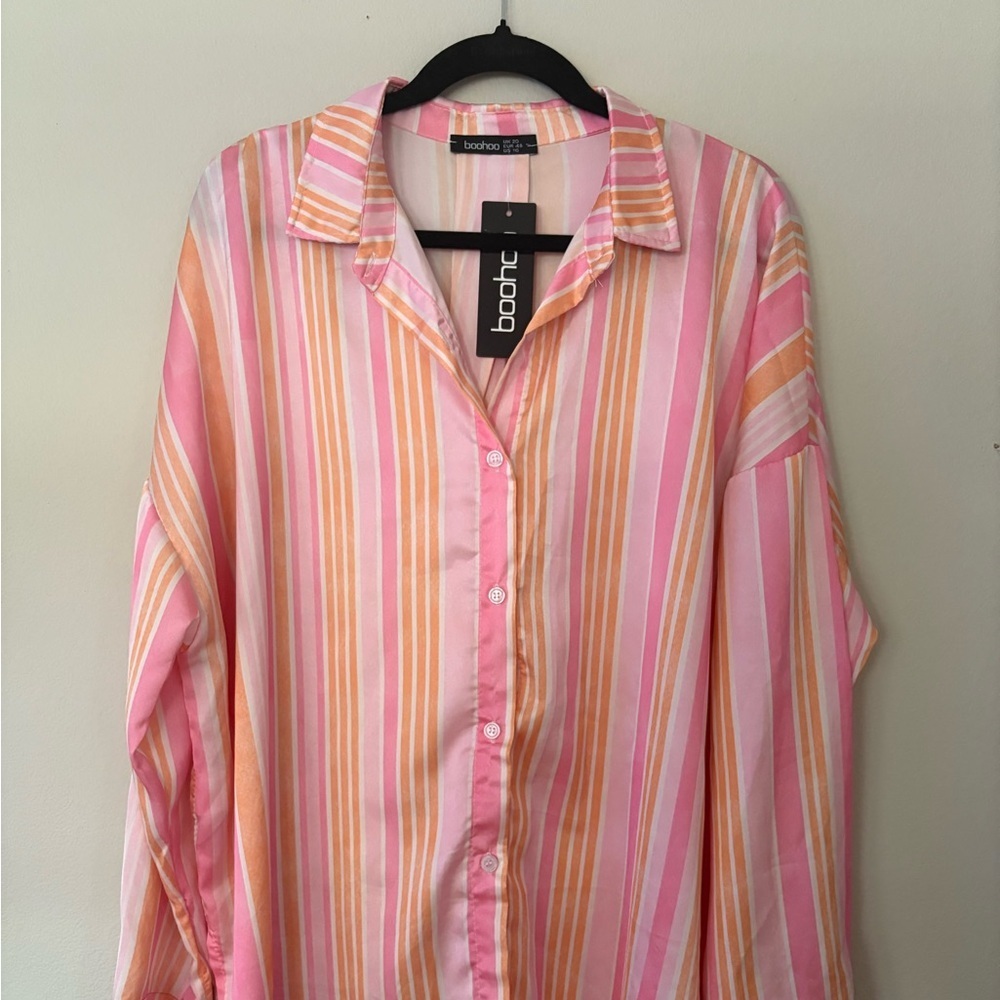Boohoo Vibrant Pink and Orange Striped Blouse Size US 16